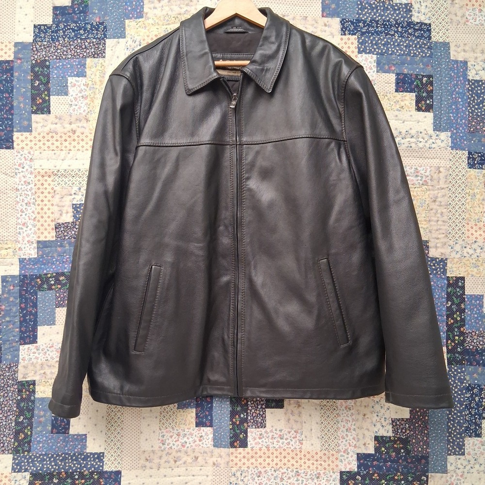 90s Columbia Heavyweight Black Leather Jacket‎ Mens Size 2XL